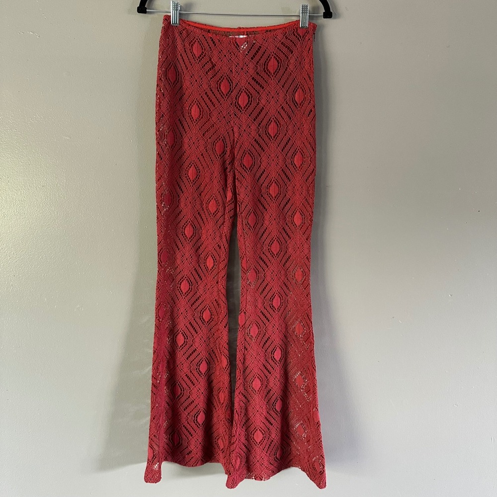 Urban Outfitters Tasha Sheer Eyelet Lace Flare‎ Pants | Rust Orange SZ 0